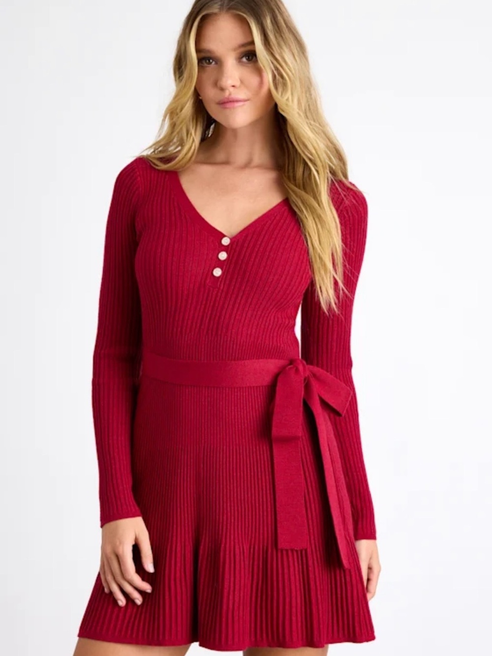 Lulus Cozy Poise Red Henley Long Sleeve Mini Sweater Dress